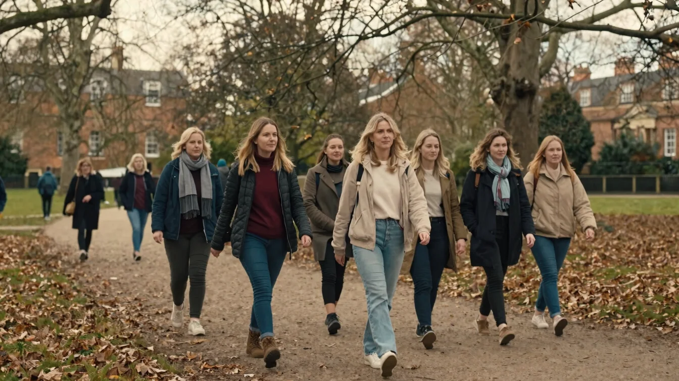 Small group of women walking through a leafy UK park on an overcast afternoon, candid and relaxed, soft natural daylight