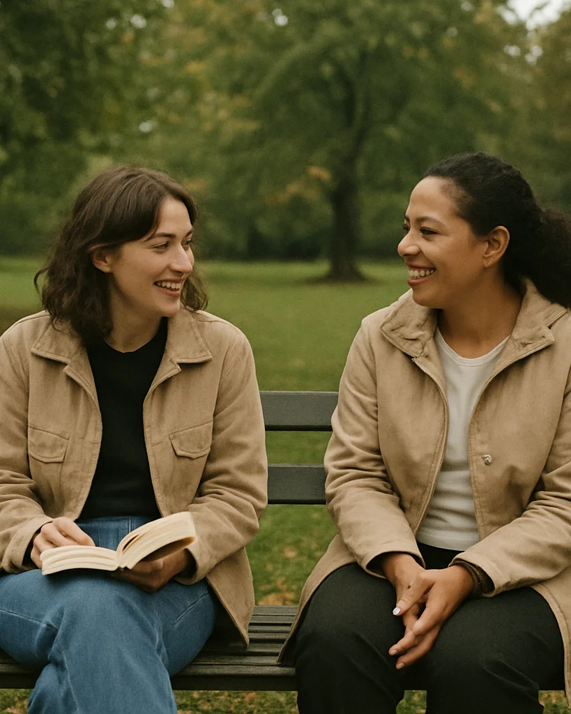 Candid documentary photograph of two women seated on a bench in a leafy UK park on an overcast afternoon, one holding a