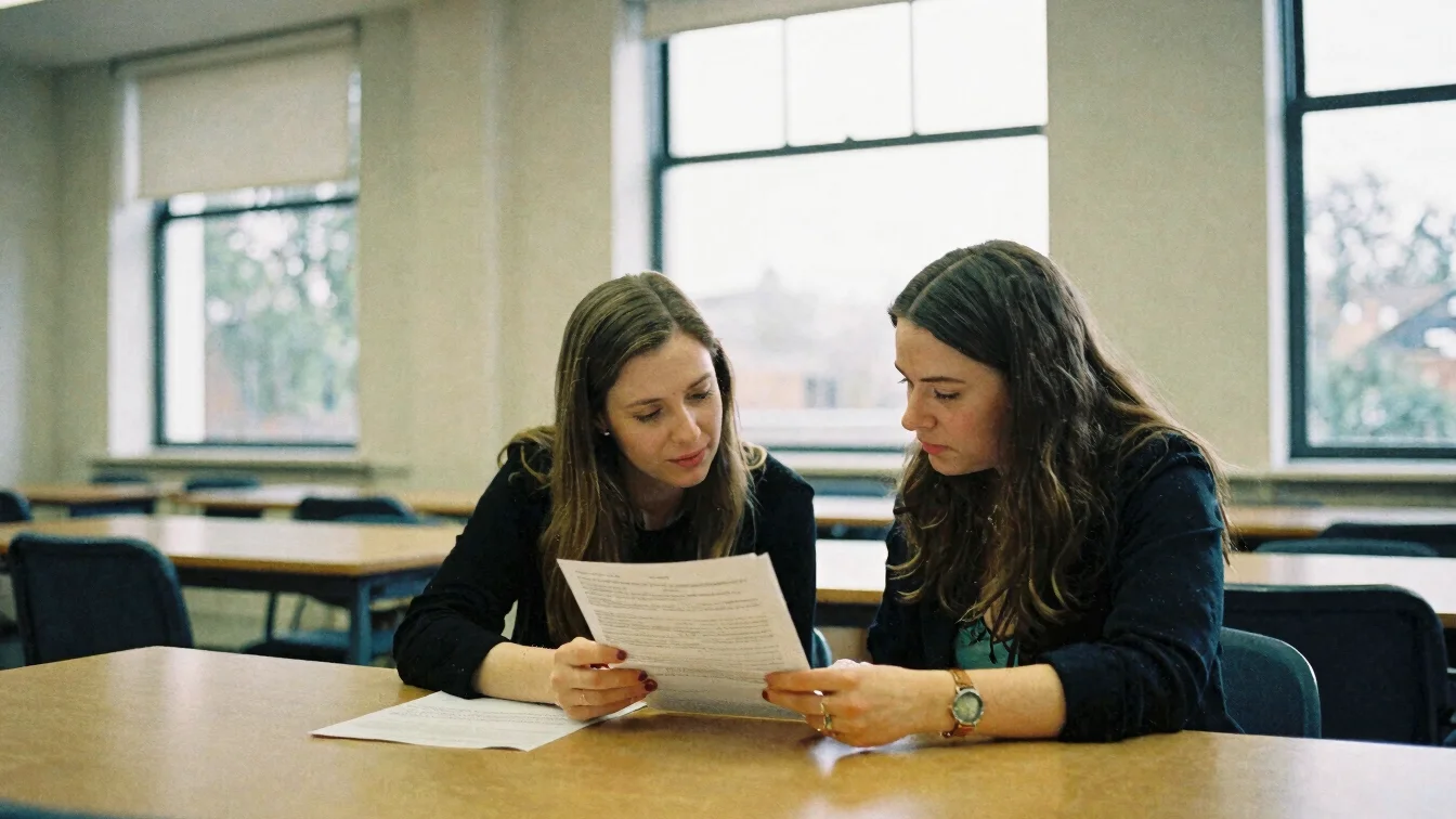 Two women reading a printed document together at a wooden table in a university study room, soft daylight from a tall wi
