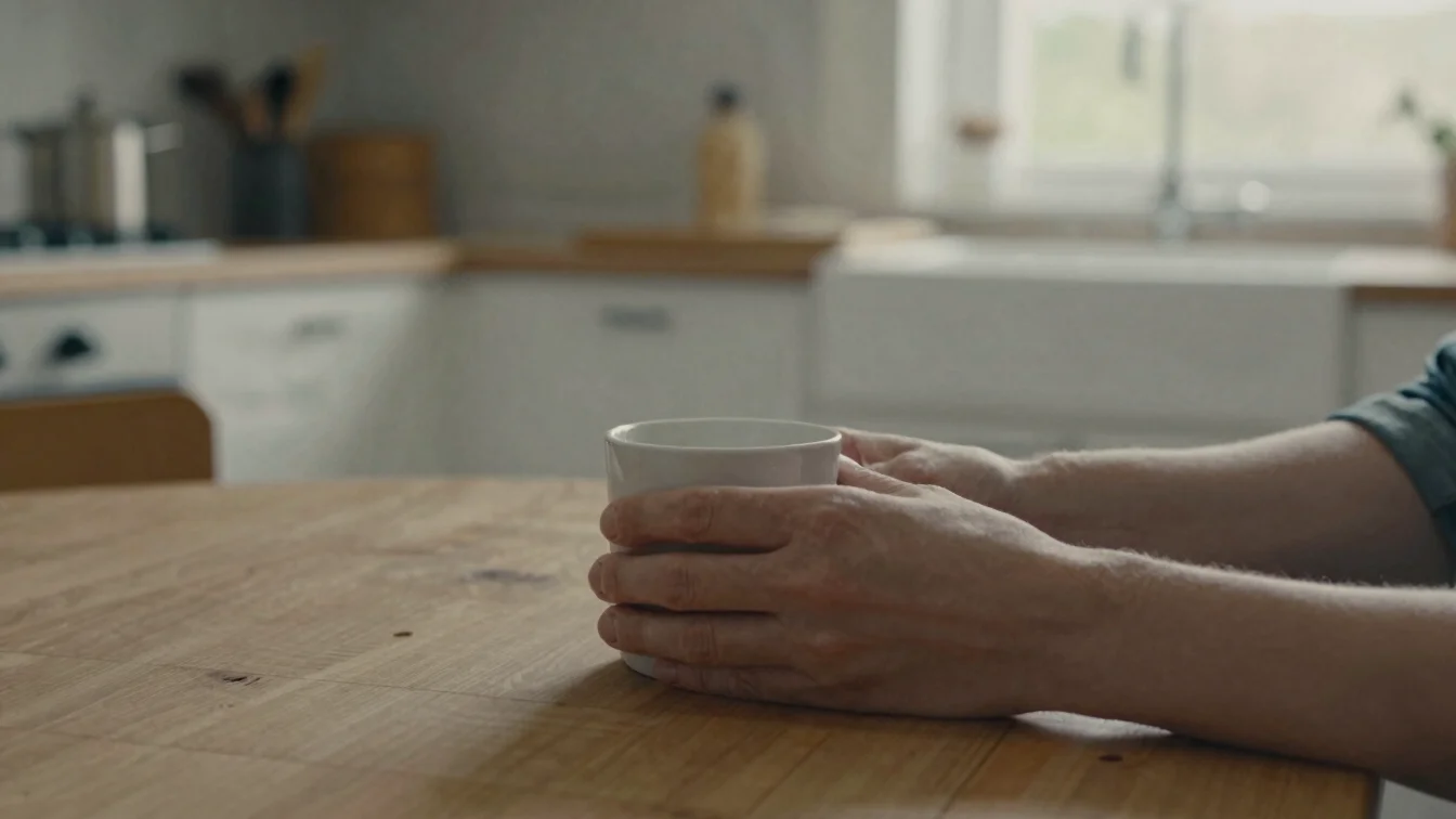 Close detail of hands passing a mug of tea across a kitchen table, candid and warm, soft UK daylight, muted neutrals, 35