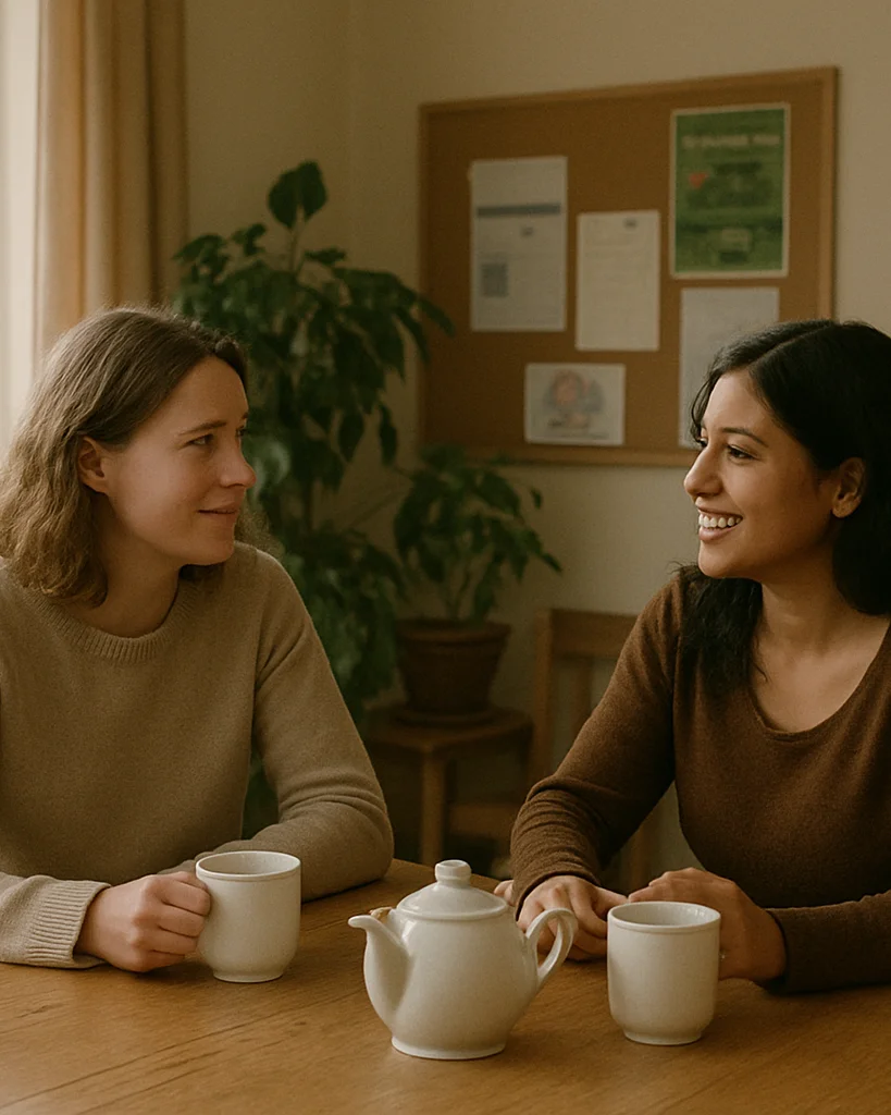 Soft UK daylight, two women in a relaxed conversation over tea at