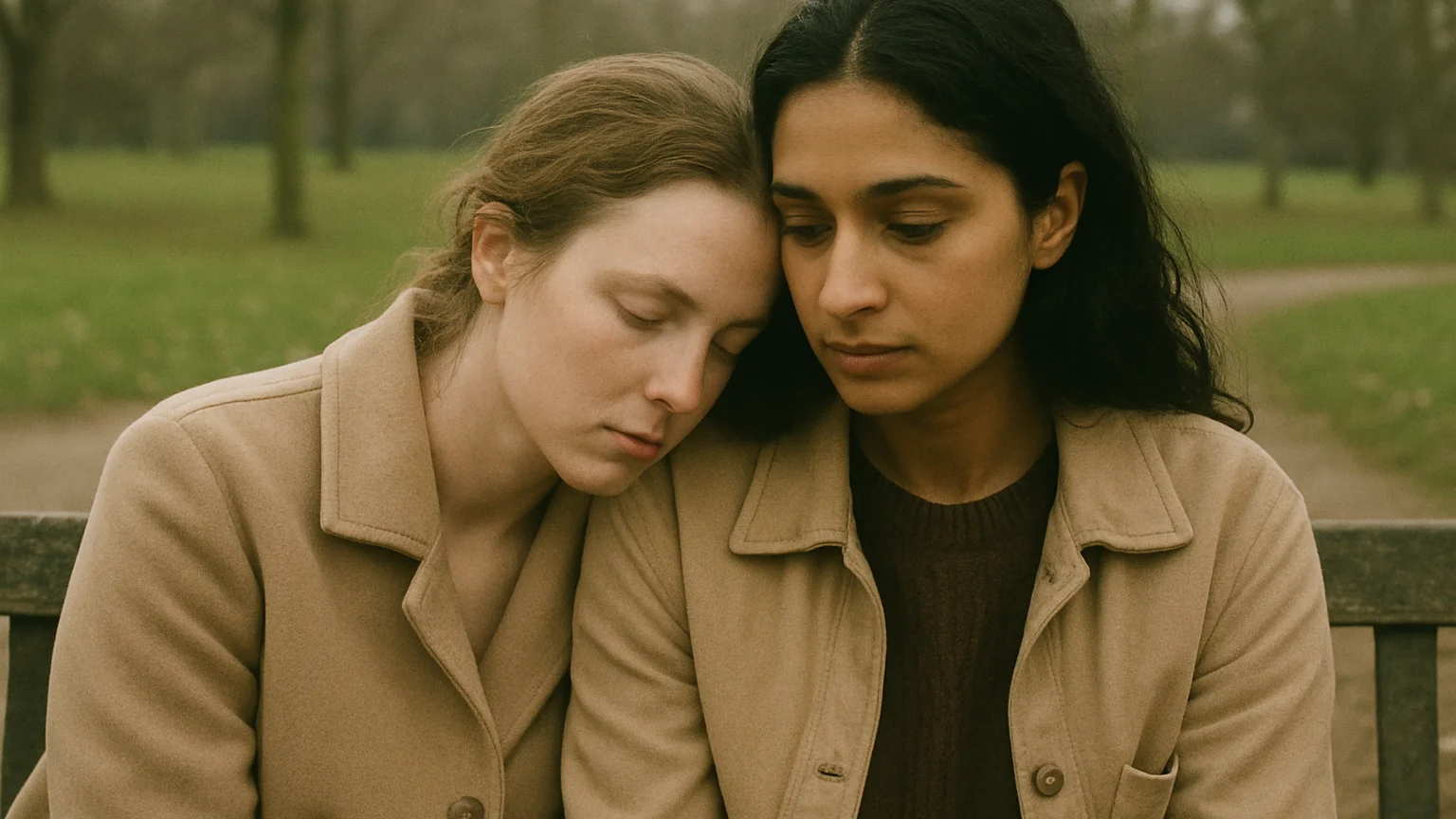 Candid close detail of two women sharing a quiet moment on a park