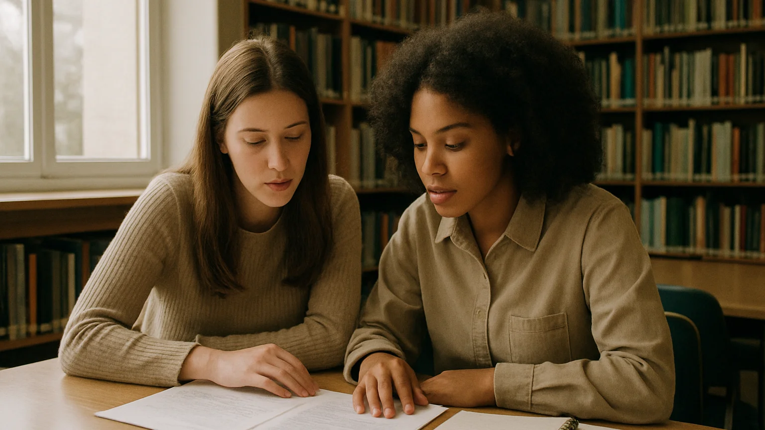 Two women reading together at a library table with papers and a n