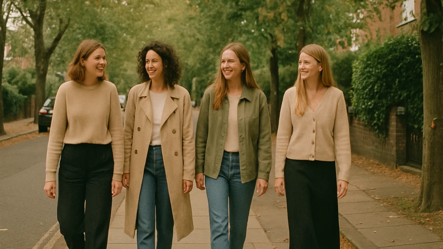 Relaxed wide view of women walking together along a leafy UK stre
