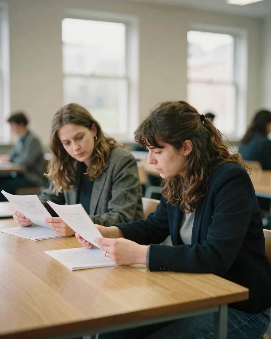 Two women seated at a sunlit wooden table in a university common room, one reading printed pages while the other leans i