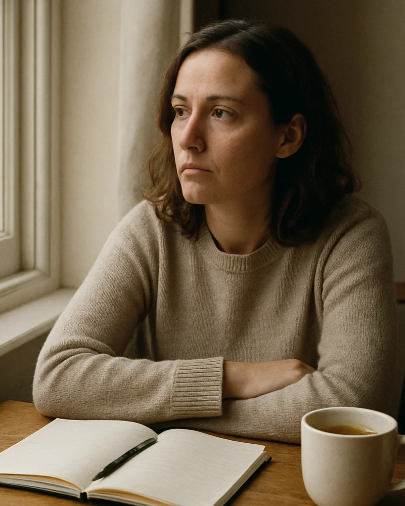 Candid documentary portrait of a woman seated by a window in soft